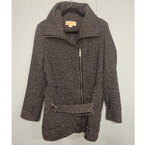 Michael Kors Jackets & Blazers - Michael‎ Kors Women's Tweed Moto Jacket Full Zip Buckle Belted Coat, Size 10